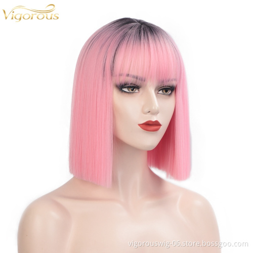 Vigorous Short Bob Wigs with Bangs Synthetic Straight Bob Wig with Dark Roots Ombre Pink Cosplay Wig For Women Party Wear